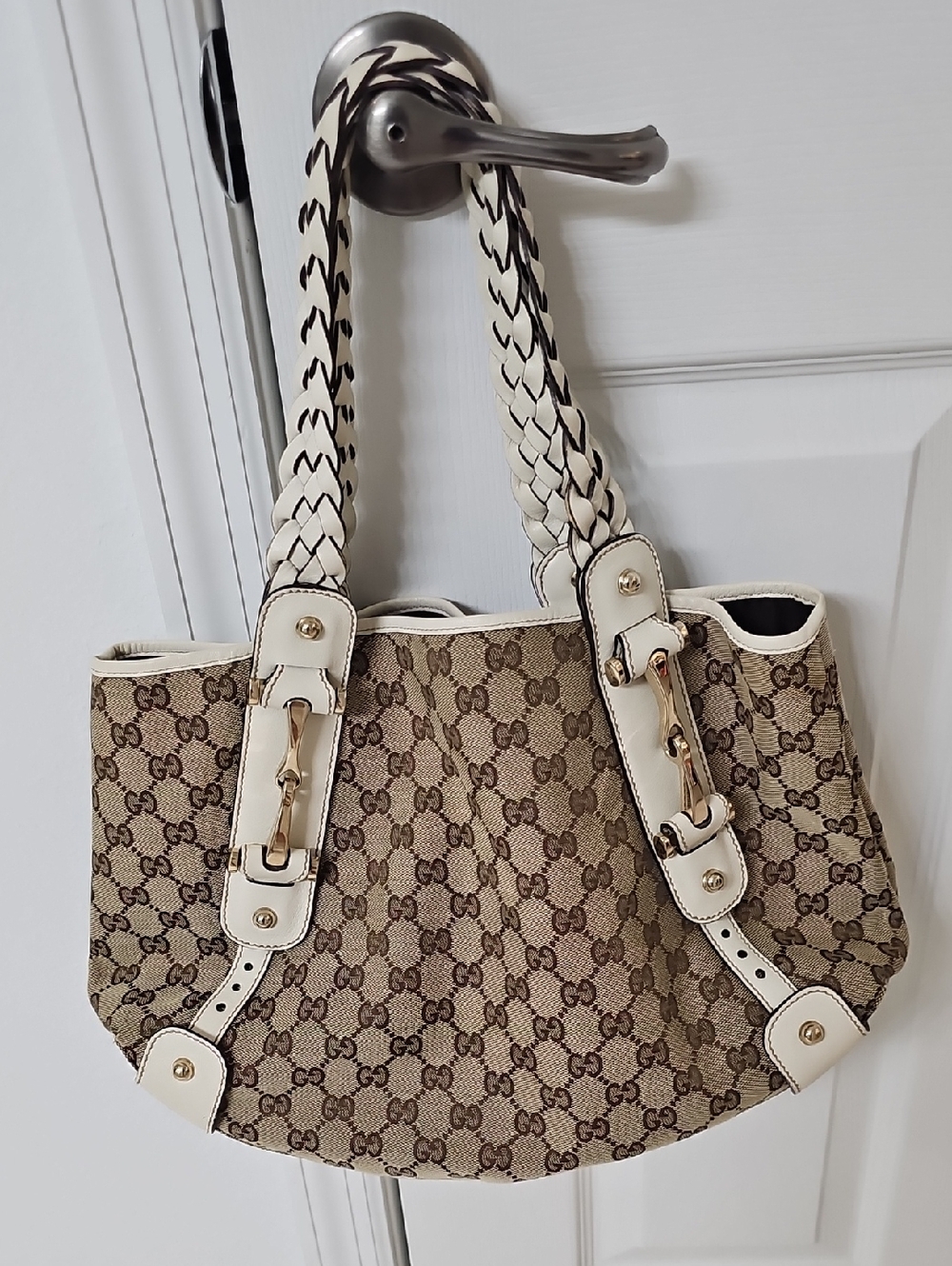 Gucci Beige Monogram Shoulder Bag with White Trim and Gold Hardware